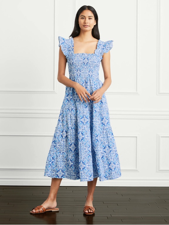 Hill House The Ellie Nap Dress Blue White Square Midi Dress Xs